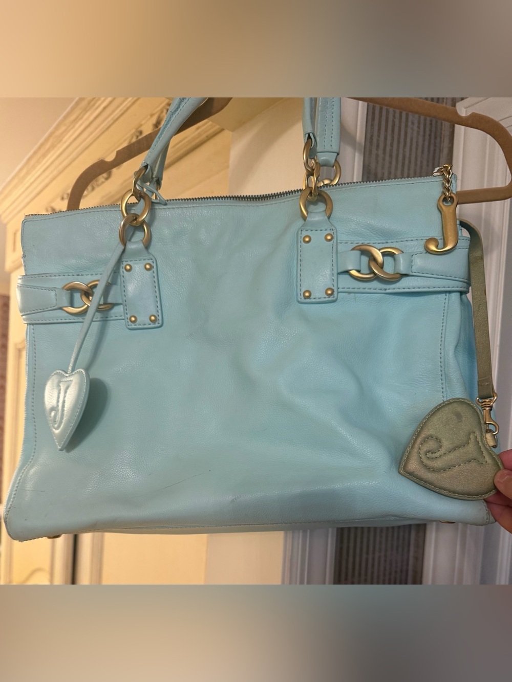 VINTAGE JUICY COUTURE 2005 mint! Aqua leather tote GUC! Wow bag!